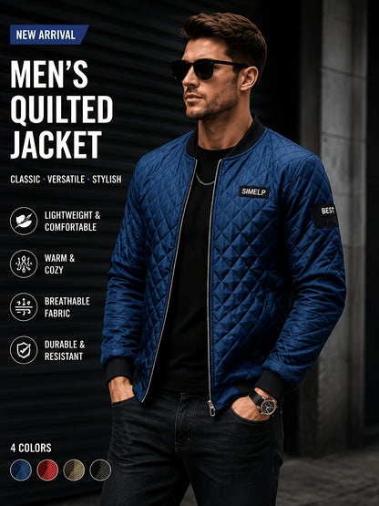 Men's Quilted Bomber Jacket with Ribbed Collar for Fall/Winter