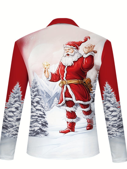 Men's Christmas Santa Claus 3D Digital Print Shirt with Metal Zipper Collar - Machine Washable Long-Sleeve Top, Festive Holiday Sweater for Parties, Daily Wear & Gifts for men