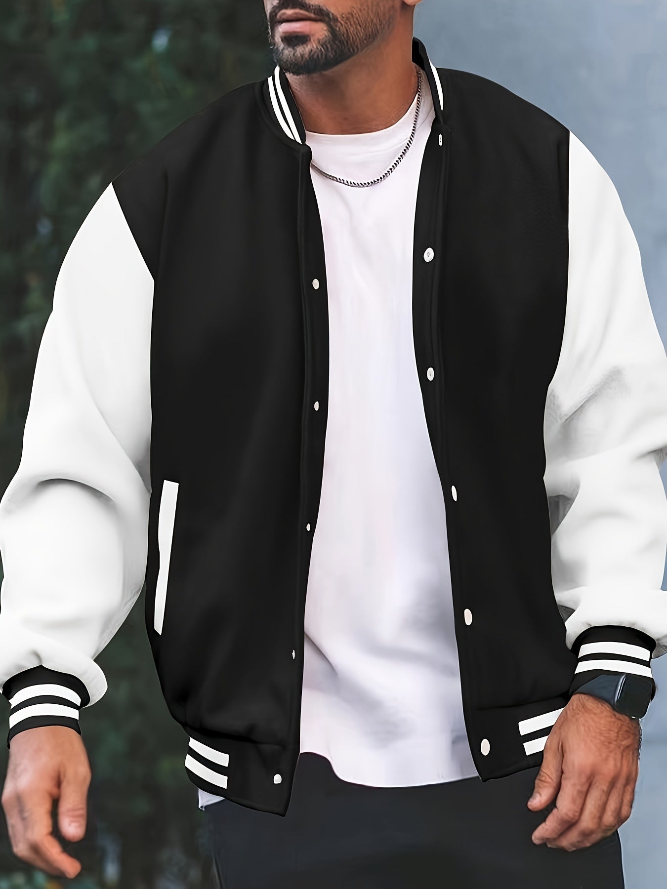 [Bold Design] Men's Stylish Black & White Varsity Jacket - Casual Baseball Coat with Pockets, Button-Up Front, Long Sleeve, Polyester Blend, Perfect for Fall & Winter, Casual Sportswear | Casual Fashion Jacket | Cotton Comfor