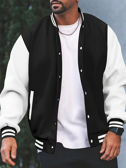 [Bold Design] Men's Stylish Black & White Varsity Jacket - Casual Baseball Coat with Pockets, Button-Up Front, Long Sleeve, Polyester Blend, Perfect for Fall & Winter, Casual Sportswear | Casual Fashion Jacket | Cotton Comfor