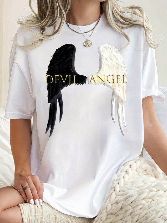 1pc Angel & Devil Wings Graphic Print T-Shirt for Women, Casual Crew Neck Short Sleeve Tee, Polyester Knit Fabric with Medium Stretch, All-Season Fashion Top