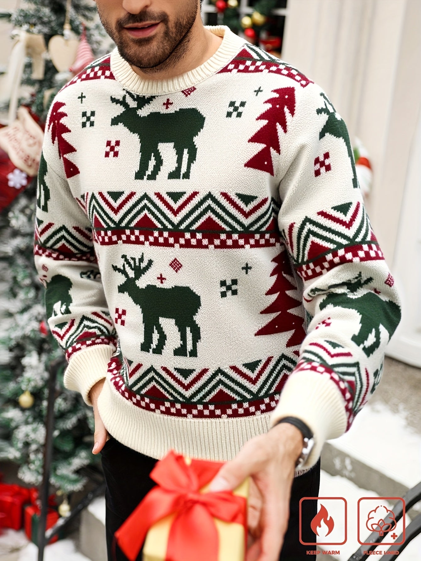 Men'S Winter Sweater - Christmas Deer & Snowflake Sweater with Red & Green Holiday Colors, Loose Fit Casual Knitwear, Drop Shoulder Long Sleeve Pullover, Soft Warm Winter Sweater for Christmas, Knit, Sweater For Men, Men Clot