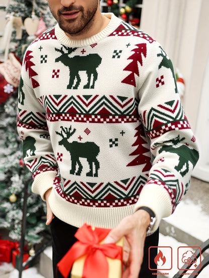 Men'S Winter Sweater - Christmas Deer & Snowflake Sweater with Red & Green Holiday Colors, Loose Fit Casual Knitwear, Drop Shoulder Long Sleeve Pullover, Soft Warm Winter Sweater for Christmas, Knit, Sweater For Men, Men Clot