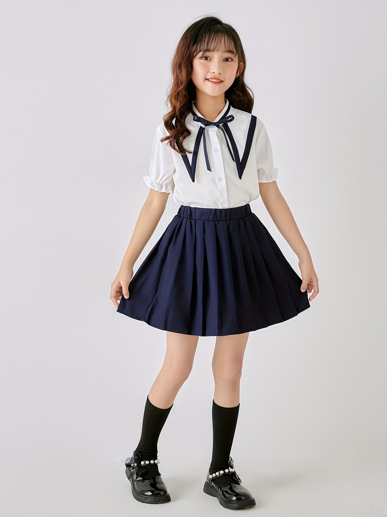Girls' Summer Preppy School Skirt Uniform Set Polyester