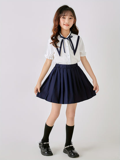 Girls' Summer Preppy School Skirt Uniform Set Polyester