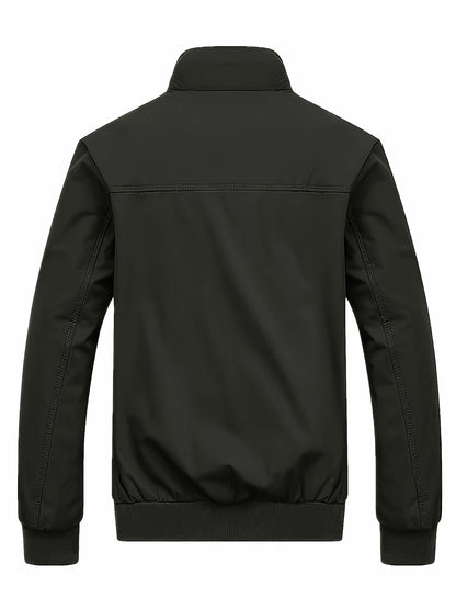 Men's Long Sleeve Zip Up Stand Collar Coat, Business Stand Collar Jacket With Zipper Pockets, Spring Autumn Men's Clothing