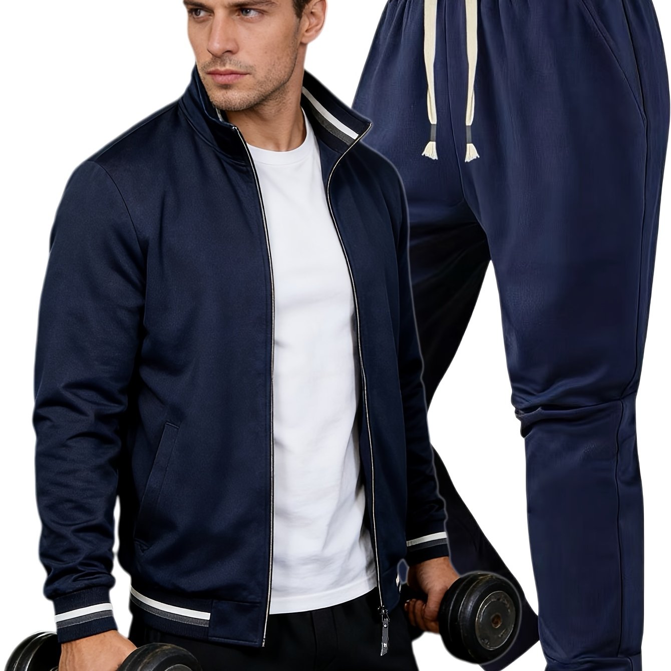 Men'S Pilot Jacket And Casual Pants Set for Spring And Autumn, Featuring a Stylish Ribbed Collar And Available in Three Solid Colors with Straight-Leg Trousers