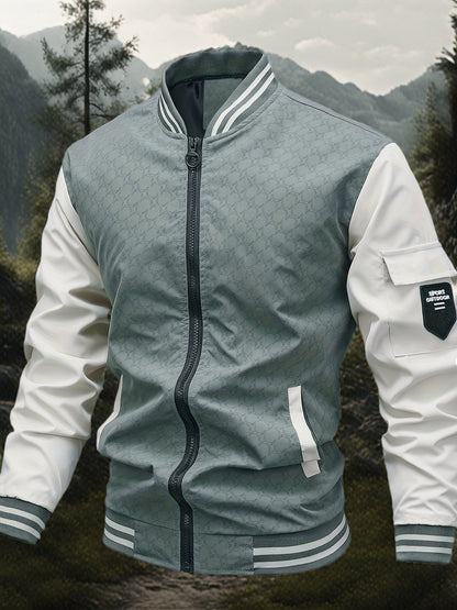 Men's Casual Autumn Jacket with Geometric Pattern, Polyester