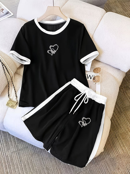 Women’s Casual Black & White Short Sleeve Shorts Set for Spring