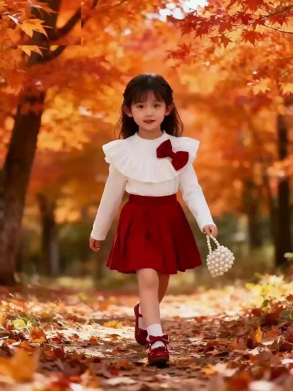 Girls' White Ruffled Sleeve Top & Red Pleated Skirt Set - Sweet Princess Style, Round Neck, Lightweight & Breathable Fabric, Perfect for Spring/Fall, Includes Matching Bow Tie, Ideal for Casual or Special Occasions, Princess