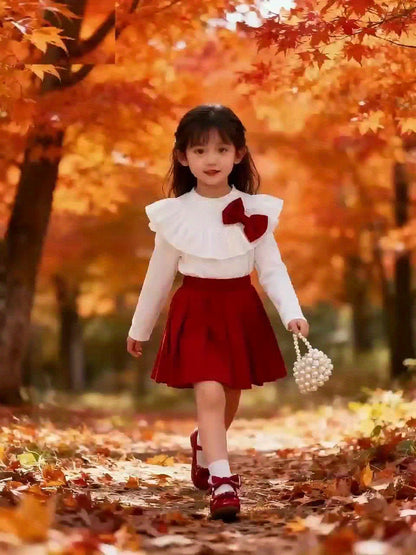 Girls' White Ruffled Sleeve Top & Red Pleated Skirt Set - Sweet Princess Style, Round Neck, Lightweight & Breathable Fabric, Perfect for Spring/Fall, Includes Matching Bow Tie, Ideal for Casual or Special Occasions, Princess