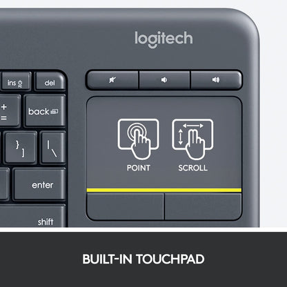 Logitech K400 plus Wireless Touch with Easy Media Control and Built-In Touchpad, HTPC Keyboard for Pc-Connected TV, Windows, Android, Chrome OS, Laptop, Tablet - Black