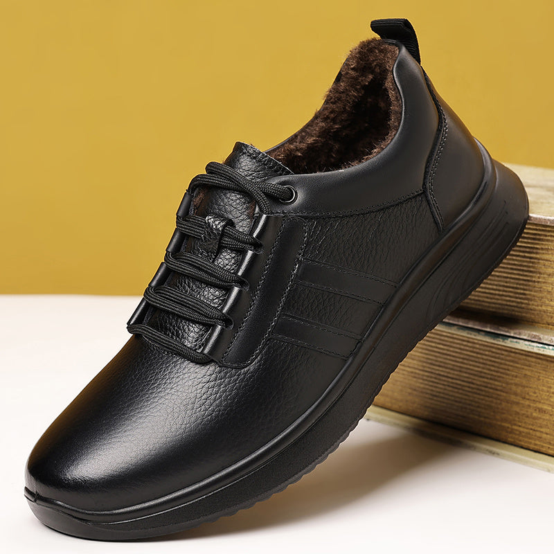 Men's All-Day Comfort Winter Shoes with Faux Fur, Elasticated Laces - Genuine Cowhide Upper & Sole, Low-Top Round-Foot Design for Warmth & Traction - All- Suitable for Travel, Work, Outdoor & Casual Wear