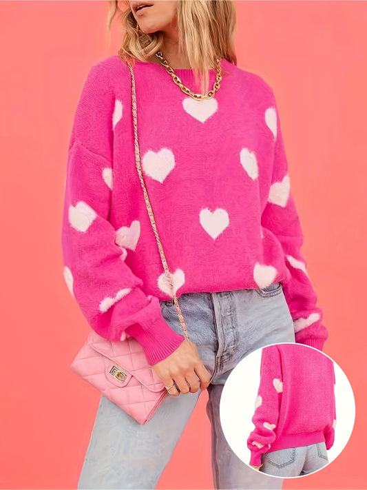 Heart Pattern Crew Neck Sweater, Casual Long Sleeve Sweater For Fall & Winter, Women's Clothing