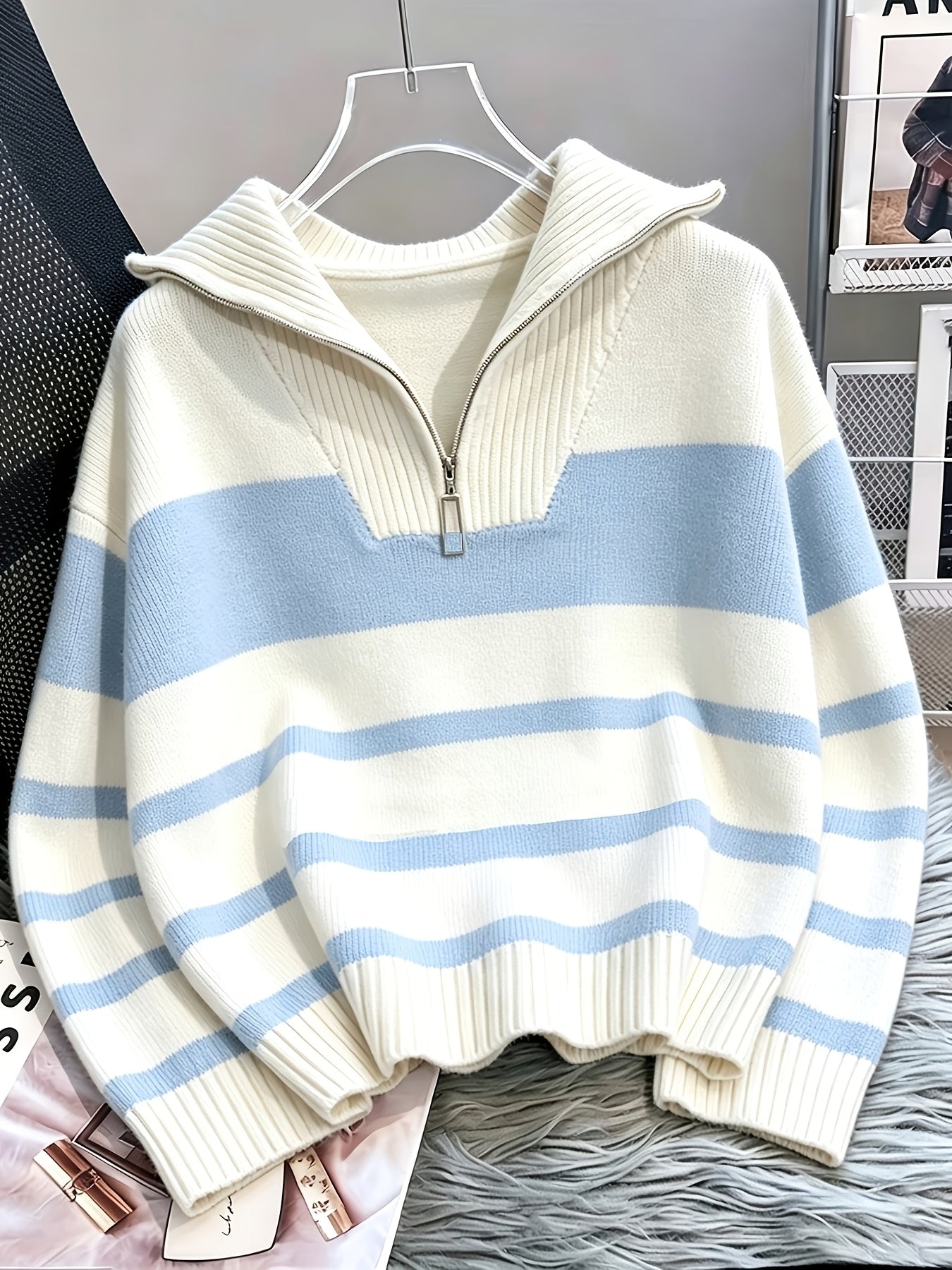 Women's Striped Zip-Up Sweater with Thickened Inner Layer
