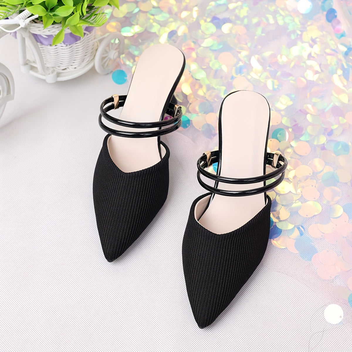 Women’s Elegant Black Pointed-Toe Mid Heel Sandals with Adjustable Str