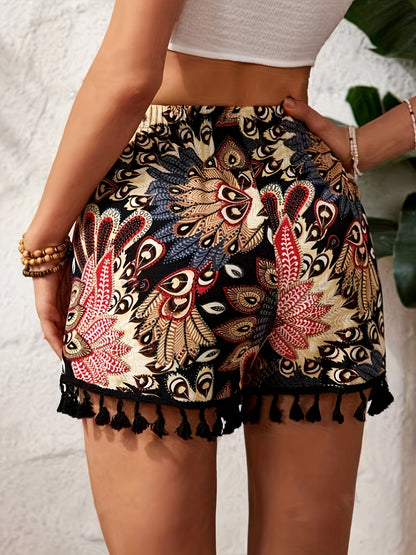 Women's Elegant Tropical Print Fringe Shorts - High-Waisted, Loose Fit, Polyester Fabric, Vibrant & Floral Design, Perfect for Summer Casual Wear, Beachwear Fashion | Peacock Design | Intricate Embroidery, High Waisted Shorts