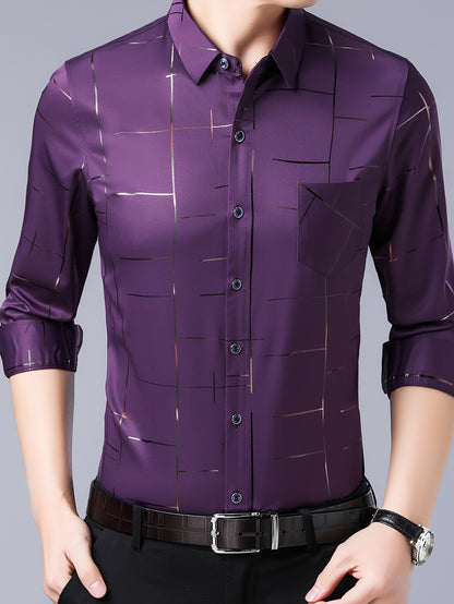 Elegant Men's Maroon Striped Long Sleeve Dress Shirt - Sophisticated Black & Golden Print, Breathable Polyester, Casual Comfort Fit with Classic Collar and Button-Up Front for Casual Attire