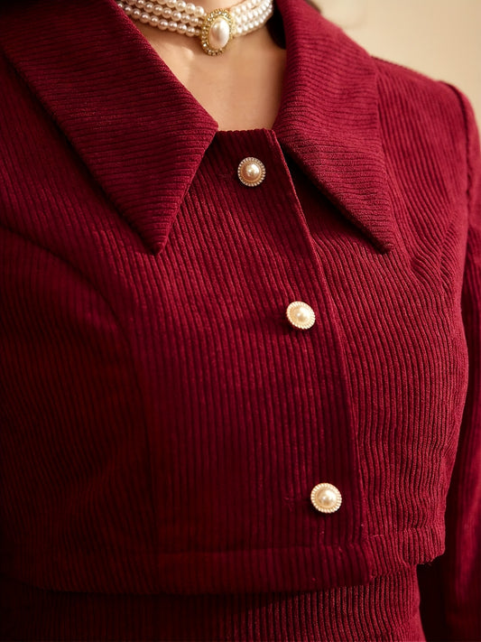 ZD0831627 Լինգշան էլեգանտ կանացի կորդուրոյե կոստյում, վինտաժային բորդո կիսաշրջազգեստ, աշխատանքի համար նախատեսված երեկույթի բաճկոնի հավաքածու, Շնորհակալության օրվա, Սուրբ Ծննդյան երեկույթի հանդերձանք, հարսնաքույր, Նոր տարվա երեկո