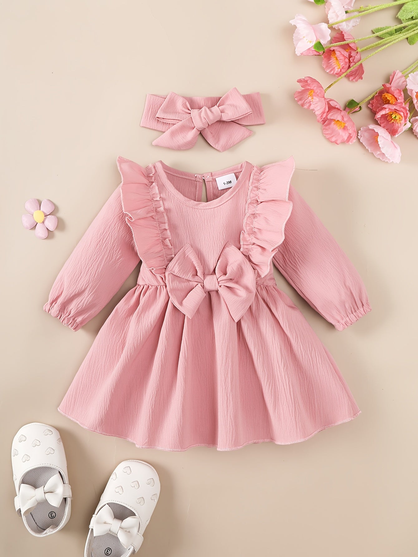 1-18 ամսական աղջիկների կարմիր զգեստ | Սուրբ Ծնունդ, Նոր Տարի, Տոնական և տոնական զգեստ գլխակապով, արքայադստեր ոճով, աշուն-ձմեռ հավաքածու, կլոր վզնոցով, երկար թևքերով, մինչև ծնկները, լայնացված եզրով