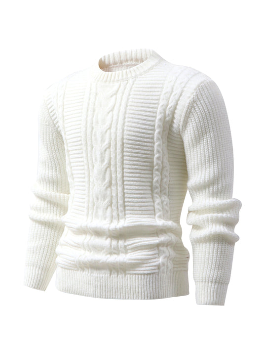 Men's Solid Color Ribbed Knit Sweater - High Elasticity Round Neck Long Sleeve, All-Season Comfort, Regular Fit Casual & Formal Wear, Easy Care Hand Wash/Dry Clean, Comfortable Fashion, Textured Fashion, Highelasticity Fabric