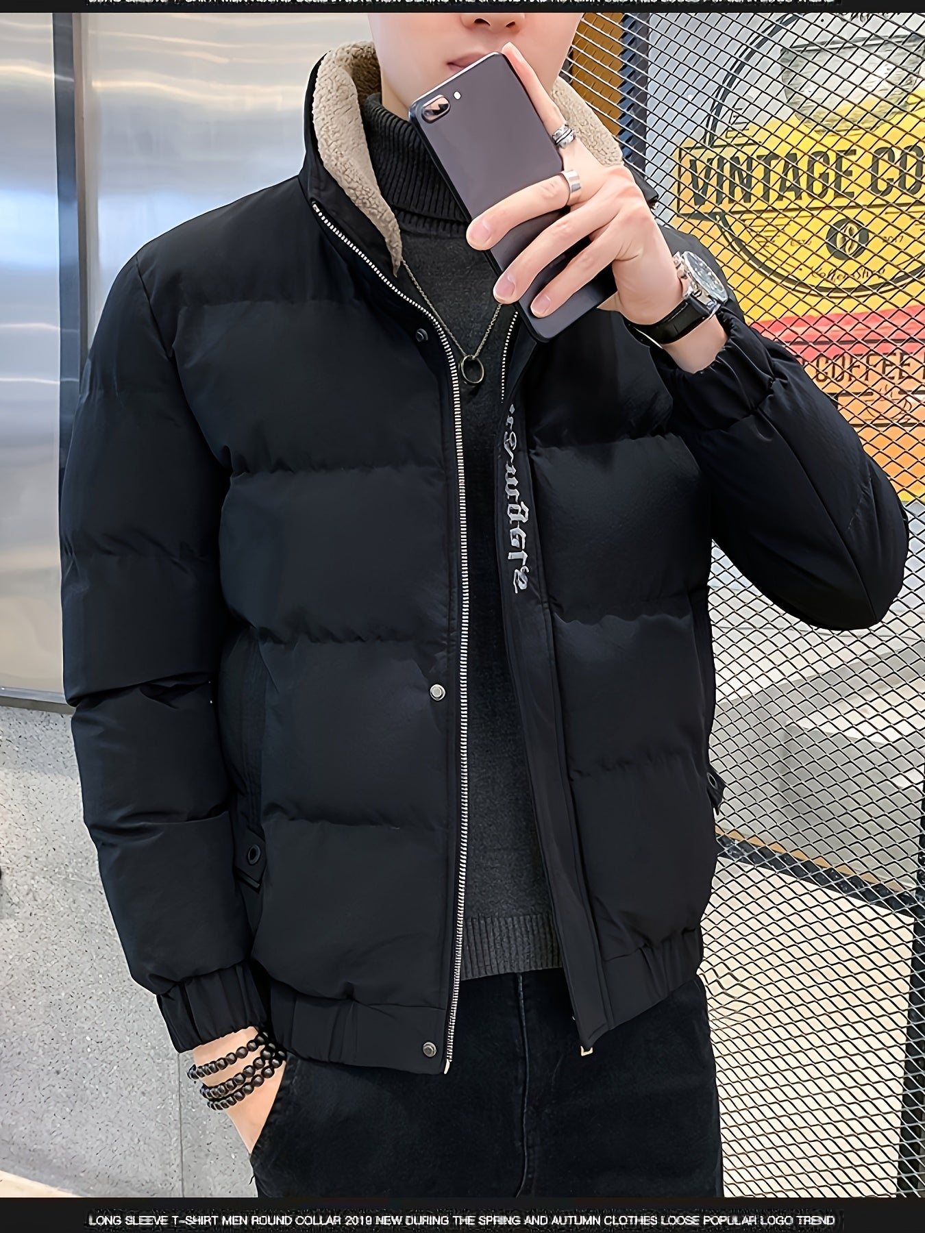 Տղամարդու ձմեռային բաճկոն - հաստ, տաք և նորաձև՝ կայծակաճարմանդով և գրպաններով, սև, ազատ չափսի՝ ցուրտ եղանակի համար, ձմեռային հագուստ