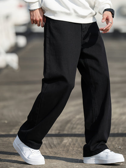 Vintage-Inspired Loose Straight-Leg Jeans for Men, Washed Denim, Non-Stretch Fabric, Casual Style - Machine Washable