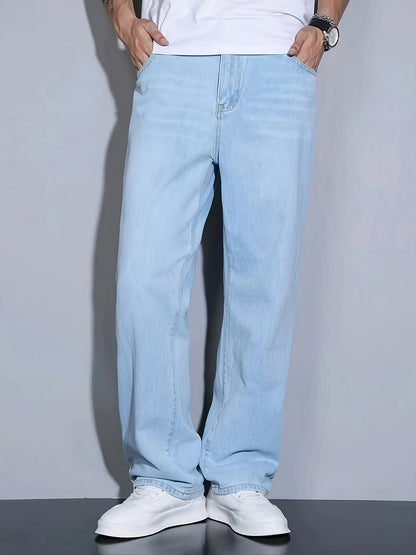 Men's Slim Fit Blue Jeans - All-Season, Non-Stretch Denim, Mid-Rise, Zip Closure, Casual Streetwear Style, Machine Washable, Yearround Wear|Sleek Jeans|Glossy Finish