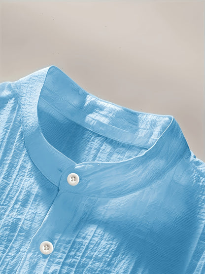 Men's Black Textured Stand Collar Short Sleeve Shirt