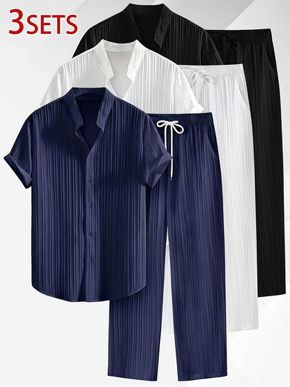 Men's Summer Casual Athletic Set - Short Sleeve Shirt & Drawstring Pan