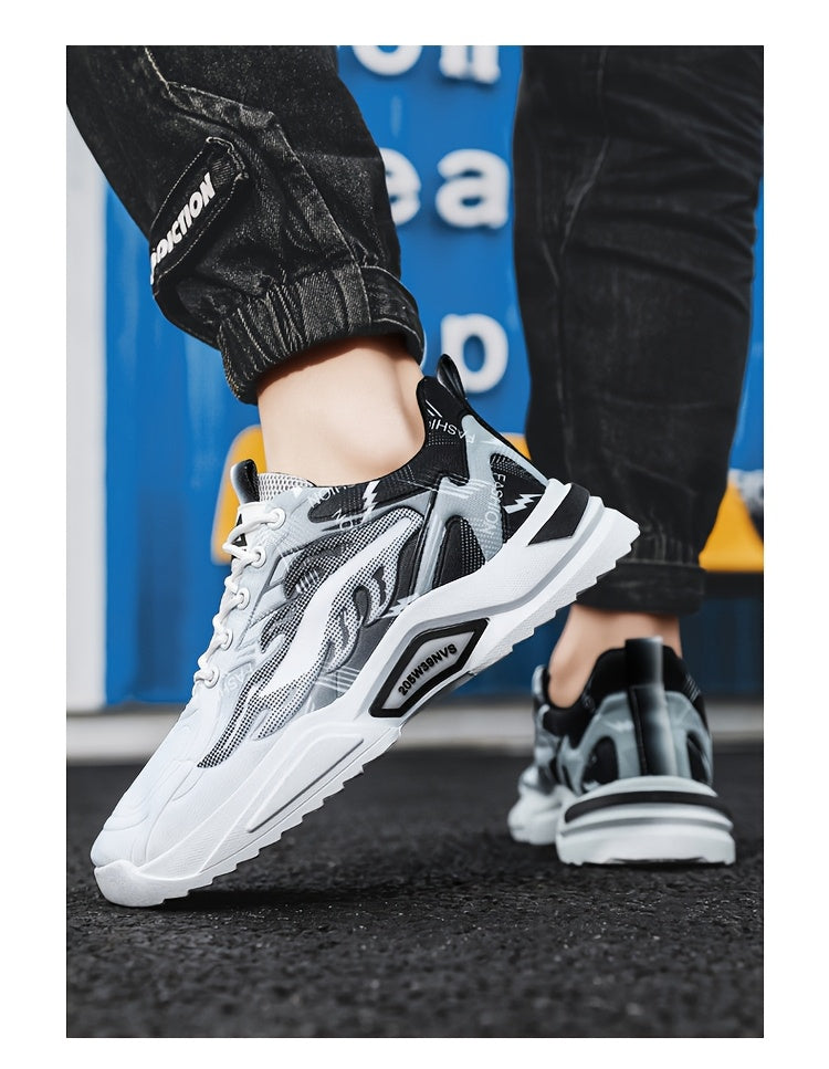 Men's Sneakers - Lightweight Cushioned Platform Sneakers with Lace-Up Closure, Non-Slip PVC Sole - Breathable Gym, Running, Casual Shoes in Grey/Black colorway - for Everyday  Light Hiking, Gym Shoes