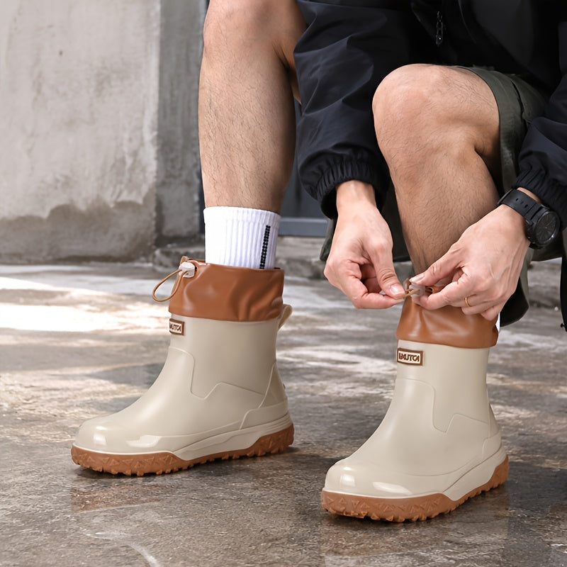 Men's Short PVC Rain Boots with Adjustable Drawstring & Tread Sole