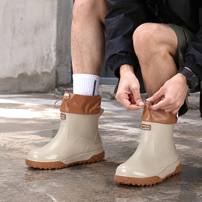 Men's Short PVC Rain Boots with Adjustable Drawstring & Tread Sole