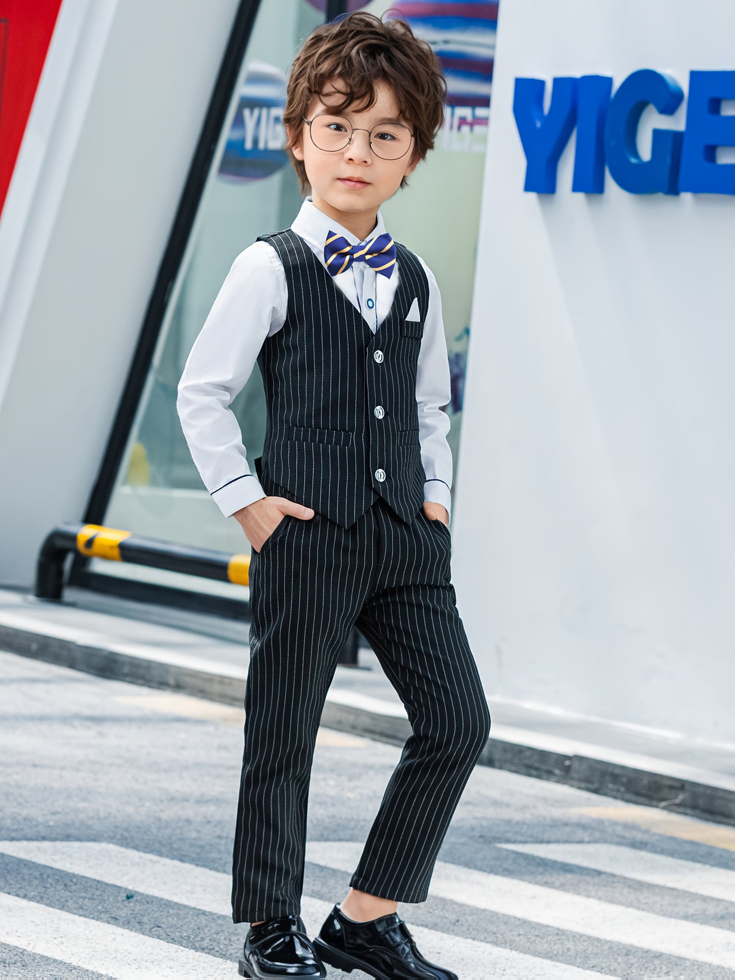 Boys Korean-Style Formal Outfit Set with Striped Vest & Bow Tie