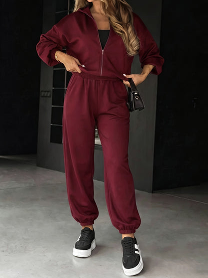Women's Burgundy Hooded Zip-Up Sweatshirt & High-Waist Jogger Set