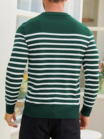 Գարնանային և աշնանային ամենօրյա երկգույն գծավոր տղամարդու սվիտեր-պուլովեր՝ գունավոր բլոկներով, կլոր վզնոցով, տղամարդու տրիկոտաժե վերնաշապիկ