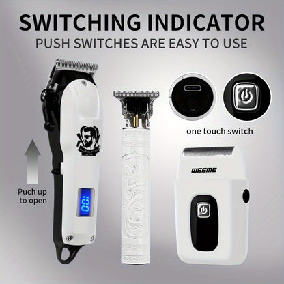 WEEME 3pcs/1Set Men'S Hair Clipper, USB Rechargeable Electric Hair Clipper & Shaver Set with Digital Display, Cordless Hair Trimmer for Home & Salon Use, Perfect Grooming Gift for Men with Smooth Blade, USB Charging, Lithium