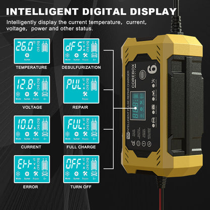 COREBOX EU Plug 12V 6A Smart Battery Trickle Charger 12V Battery Maintainer Battery Charger with LCD Display for Car Truck Motorcycle Lawn Mower Marine Lead Acid Charge, Without Battery