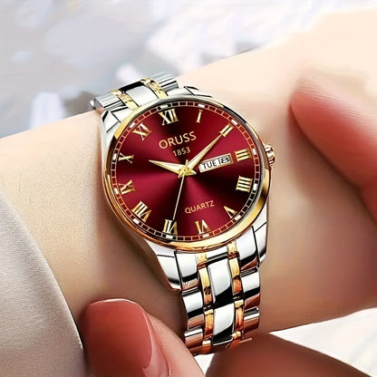 1pc Elegant Ladies' Quartz Wrist Watch, Luminous Dial, Classic Calendar, Roman Style, Stainless Steel Band, Alloy Case, Non, Non-Rechargeable Battery - Fashion Timepiece