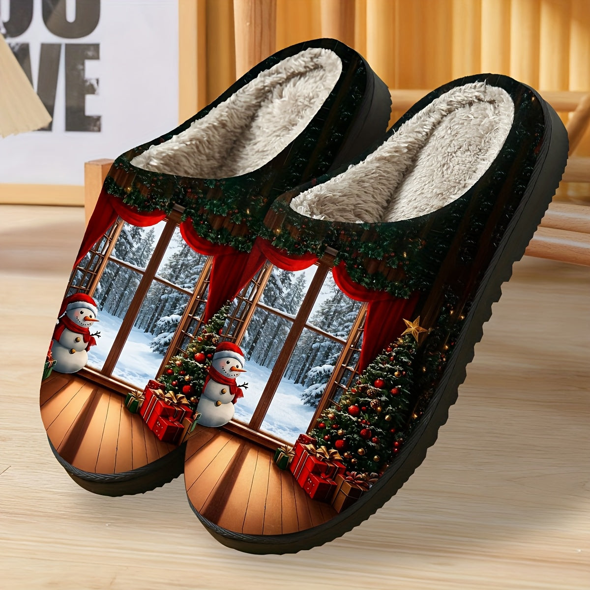 Cozy Plush Slippers for Men & Women - Festive Christmas & Halloween Design with Santa, Snowy Scene, and Red Ribbon Accents | Soft Fabric Upper & TPR Sole | Perfect Holiday Gift for Fall/Winter, Christmas Slippers