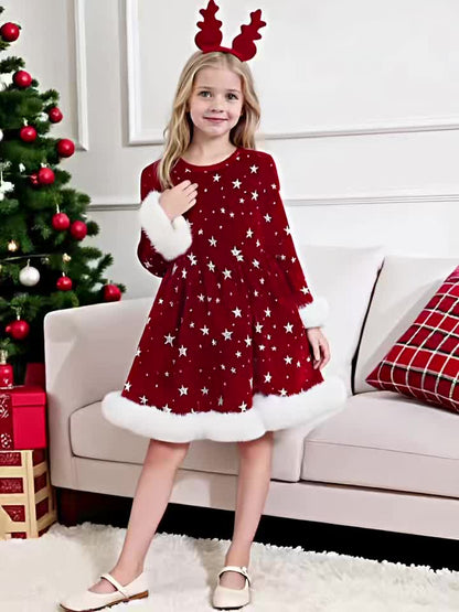 Girls' Christmas Party Dress - Red & Polka Dot A-Line Mid-Length Winter Dress with Puff Sleeves, Round Neck & Flared Skirt for Holiday Celebrations, Christmas Dresses For Girls, Festive Outfit, Playful Design