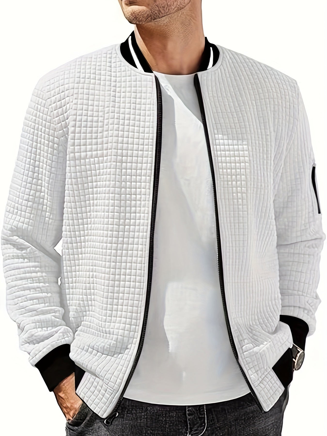 Men's Casual Bomber Jacket with Stand Collar - Polyester and Elastane Blend, Knit Fabric with Slight Stretch, Solid Color, Zipper Detail, Long Sleeve, Regular Fit