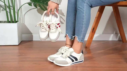 Women's Casual White Sneakers with Blue Accents - Breathable & Comfortable Lace-Up Running Shoes, Low-Top Fitness & Travel Footwear, Soft Rubber Sole, All-Season Wear