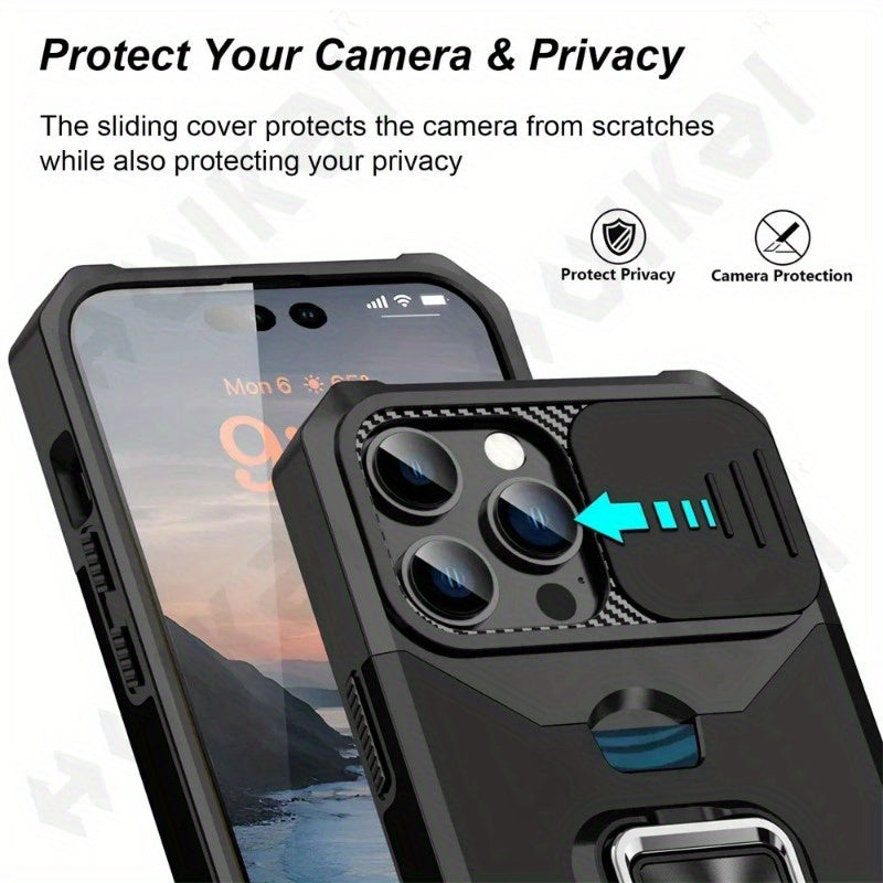 Retro PVC Phone Case with Sliding Camera Slot and Ring Stand