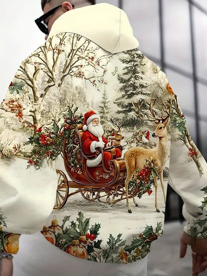Men'S Plus Size 3D High-Definition Christmas Hooded Sweatshirt - Santa Claus & Reindeer Print, Loose Fit Winter Warmth, All-Season Casual Pullover with Pockets, Christmas Sweatshirt, Festive Clothing, Holiday Apparel, Holiday