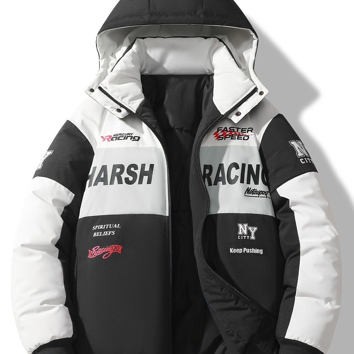 Men'S Casual Motorcycle Jacket, Warm Pilot Fashion Top 6023, 100% Polyester Hooded Collar with Alphabet Pattern, Long Sleeve Regular Fit, Non-Stretch Woven Fabric, Zipper Placket, with Pockets - 280gsm