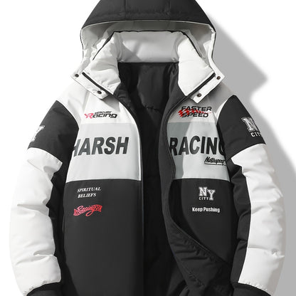 Men'S Casual Motorcycle Jacket, Warm Pilot Fashion Top 6023, 100% Polyester Hooded Collar with Alphabet Pattern, Long Sleeve Regular Fit, Non-Stretch Woven Fabric, Zipper Placket, with Pockets - 280gsm