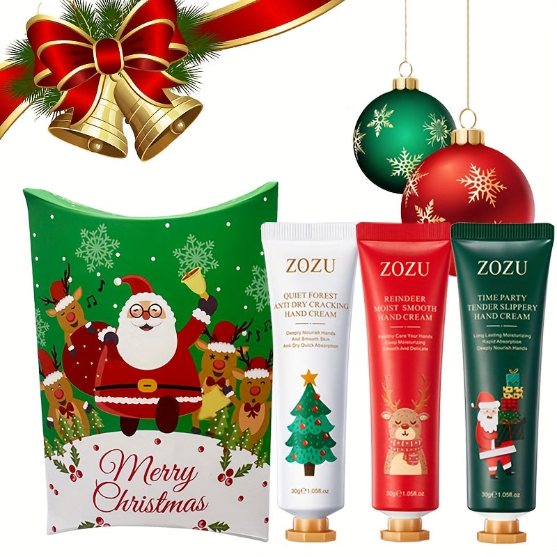 ZOZU Holiday Hand Cream Set of 3: Christmas Combination Hand Cream Gift Box, Merry Christmas Pattern (Santa Claus, Reindeer, Tree) - Moisturizing, Softening, Anti-Crack Formula, 30g Portable Pack, Suitable for Men and Women,