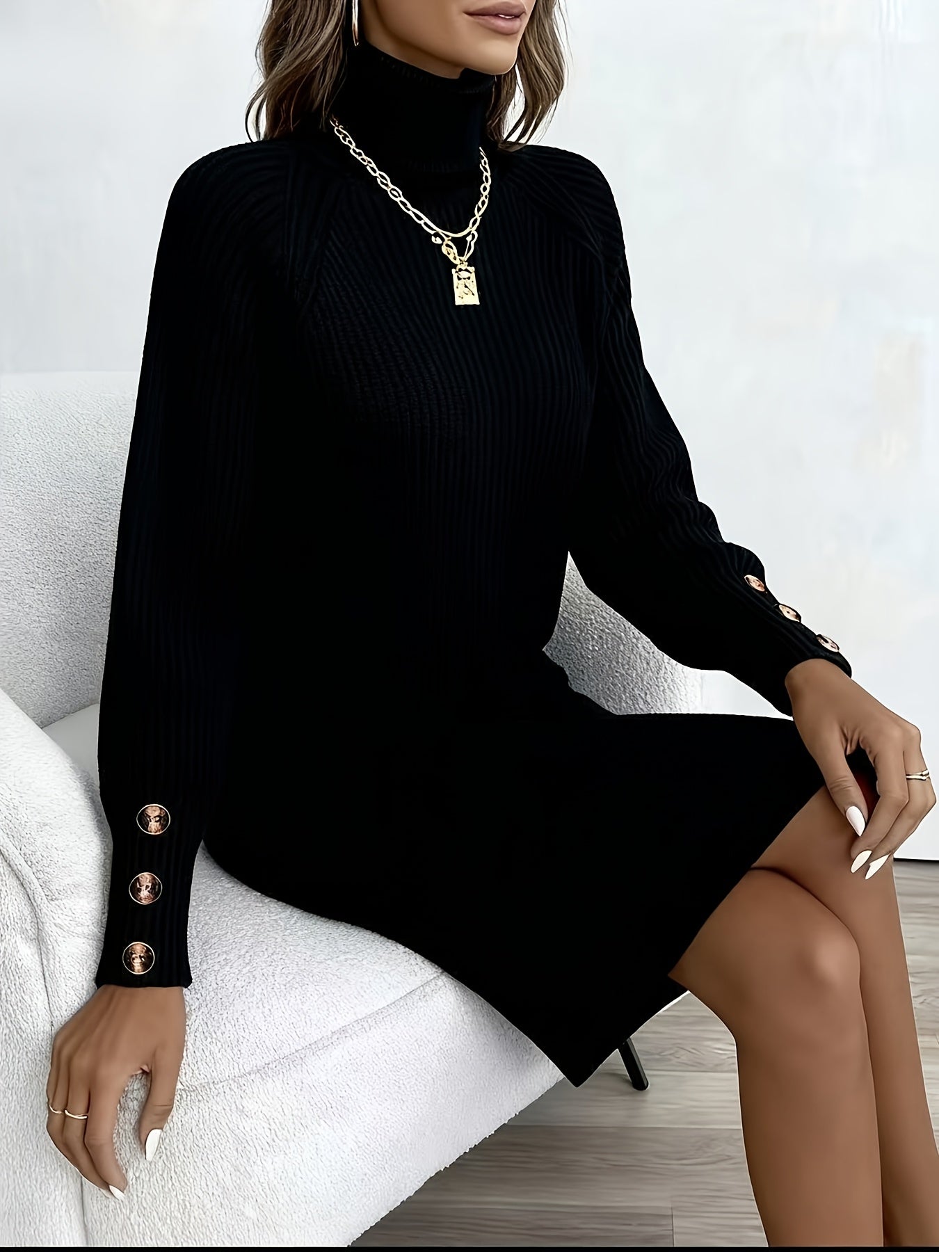 Women's Dark Green (Navy/Turquoise-Free) Sweater Dress - High Neck Collar & Single-Breasted Button Front, A-Line Silhouette Long Sleeve Coat Dress for Winter,, Office, Semi-Formal Wear (Hand Washable)