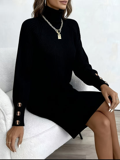 Women's Dark Green (Navy/Turquoise-Free) Sweater Dress - High Neck Collar & Single-Breasted Button Front, A-Line Silhouette Long Sleeve Coat Dress for Winter,, Office, Semi-Formal Wear (Hand Washable)